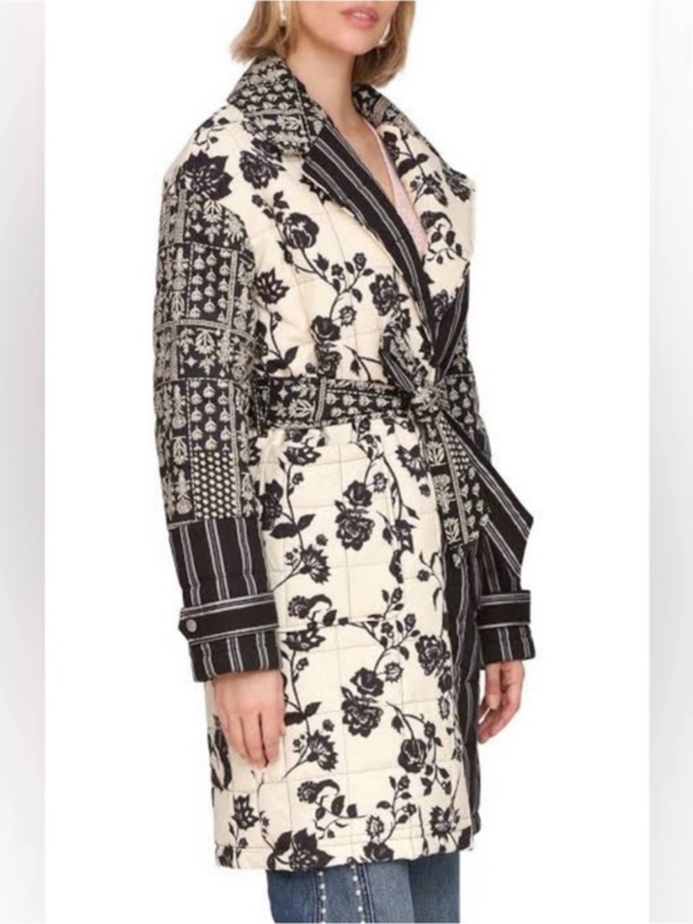 Anthropologie AVEC LES FILLES Black and Cream Floral Quilted Wrap Jacket small